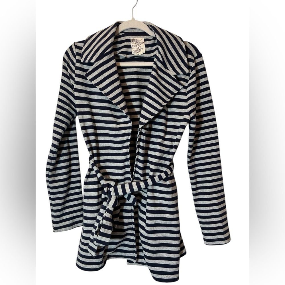Anthropologie Tulle Nautical Gray and Navy Striped Blazer Jacket Size S